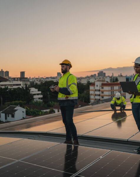Service engineer checking solar cell on the roof for maintenance if there is a damaged part. Engineer worker install solar panel. Clean energy concept. Service engineer checking solar cell on the roof for maintenance if there is a damaged part. Engineer worker install solar panel. Clean energy concept.